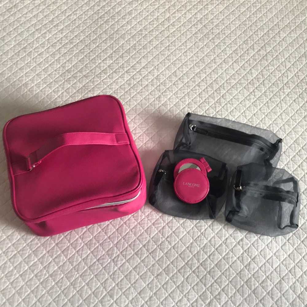 Lancôme hot pink train case w/ interior mesh bags